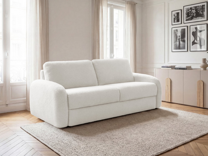 Canapé droit convertible KENAN ouverture express tissu bouclette