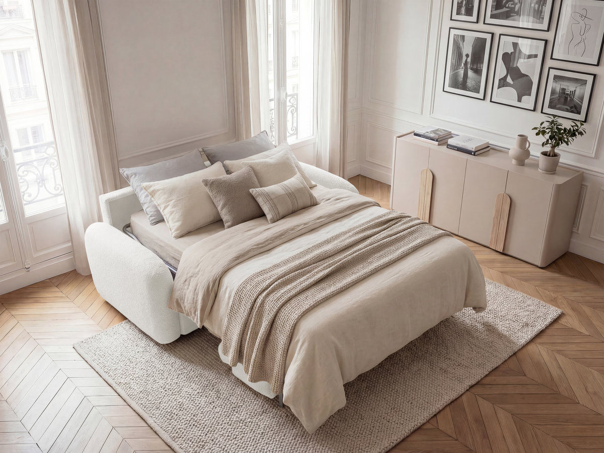 Canapé droit convertible KENAN ouverture express tissu bouclette