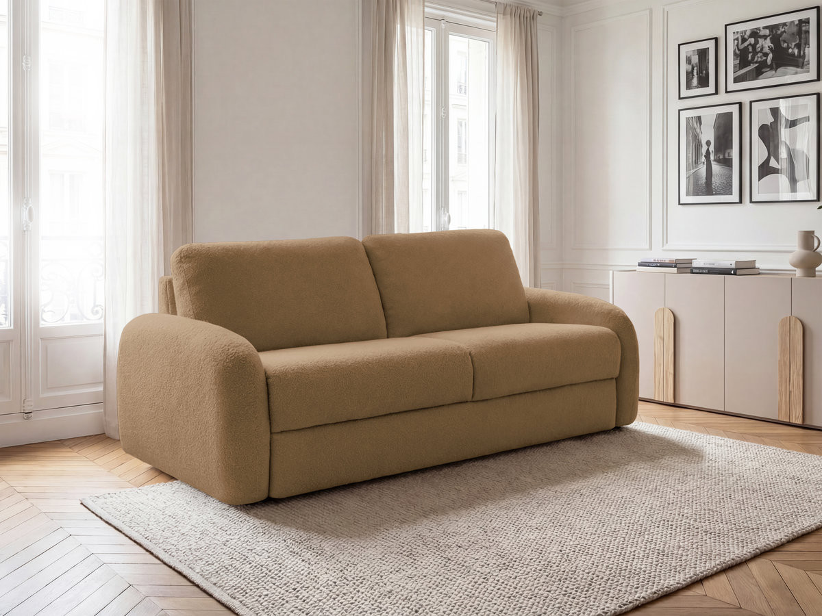 Canapé droit convertible KENAN ouverture express tissu bouclette