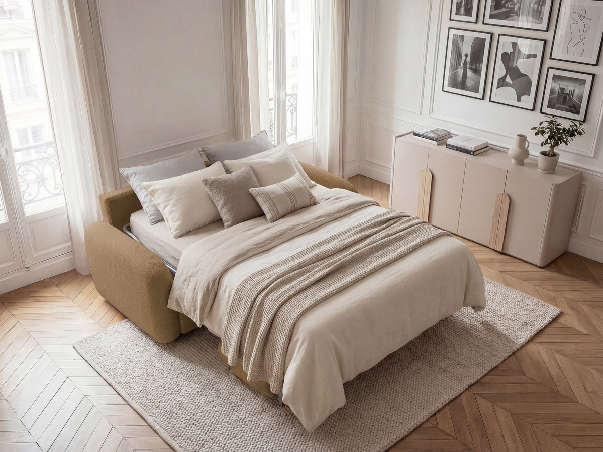 Canapé droit convertible KENAN ouverture express tissu bouclette