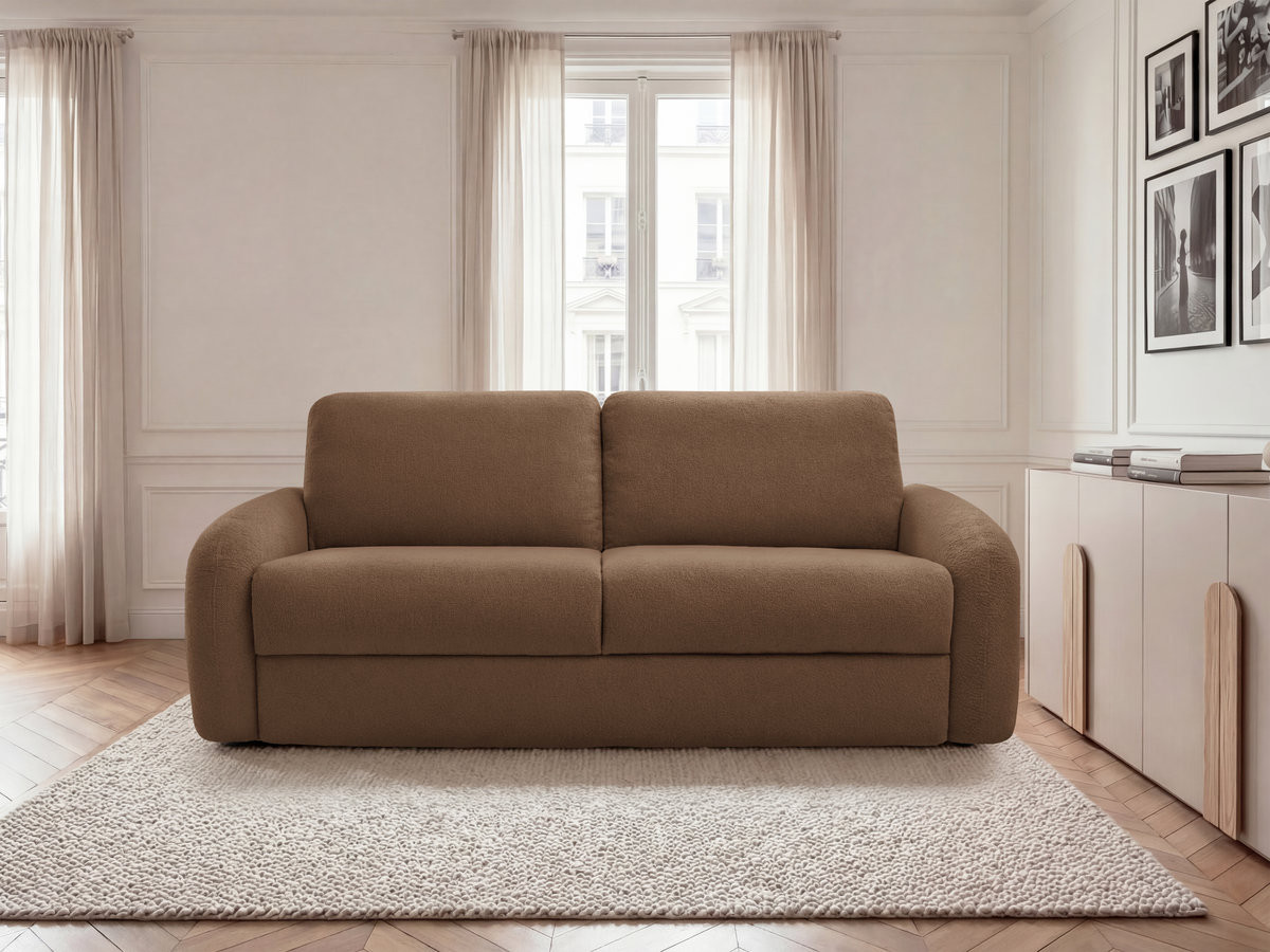 Canapé droit convertible KENAN ouverture express tissu bouclette