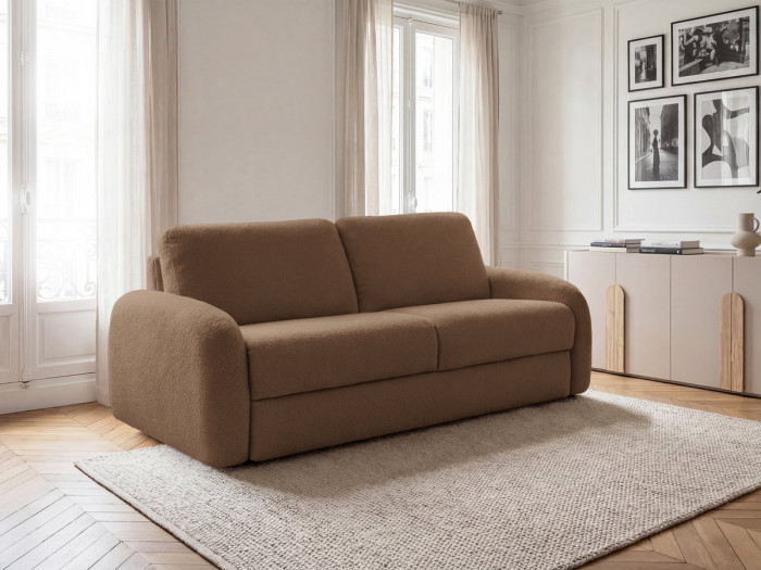 Canapé droit convertible KENAN ouverture express tissu bouclette