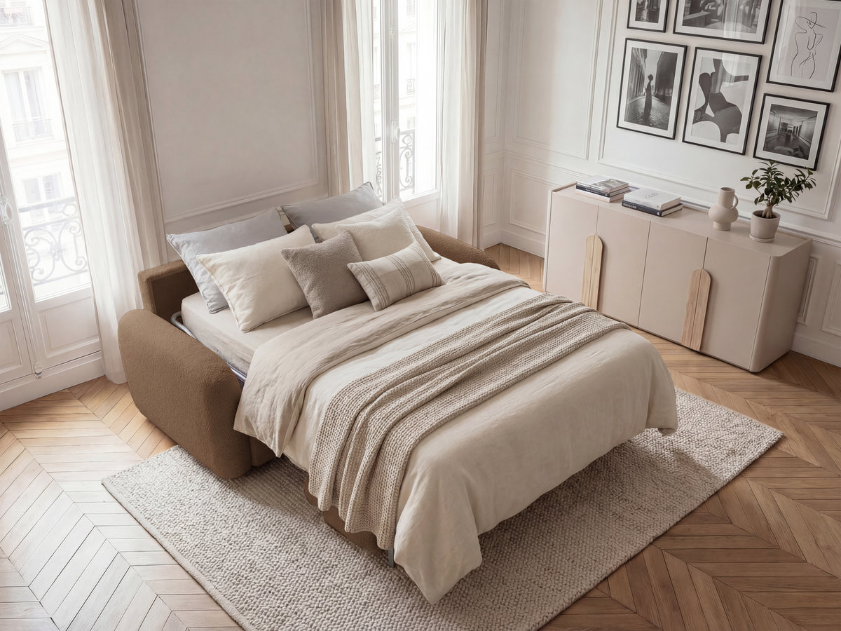 Canapé droit convertible KENAN ouverture express tissu bouclette