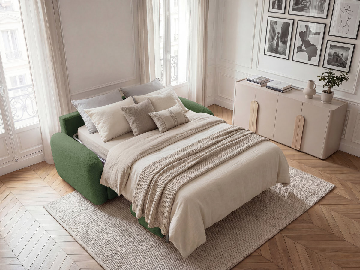 Canapé droit convertible KENAN ouverture express tissu bouclette