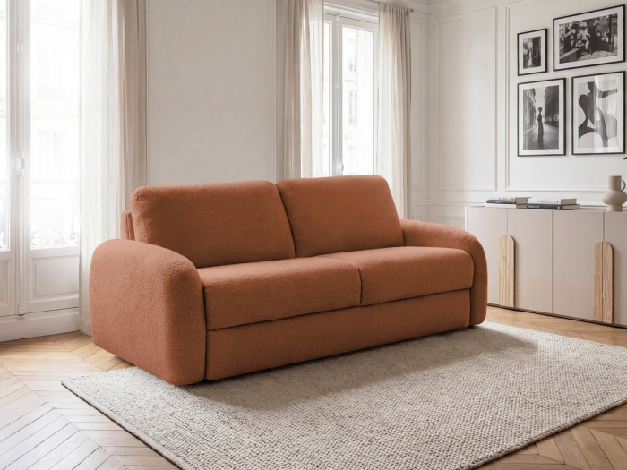 Canapé droit convertible KENAN ouverture express tissu bouclette