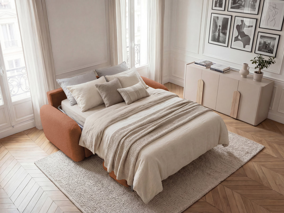 Canapé droit convertible KENAN ouverture express tissu bouclette