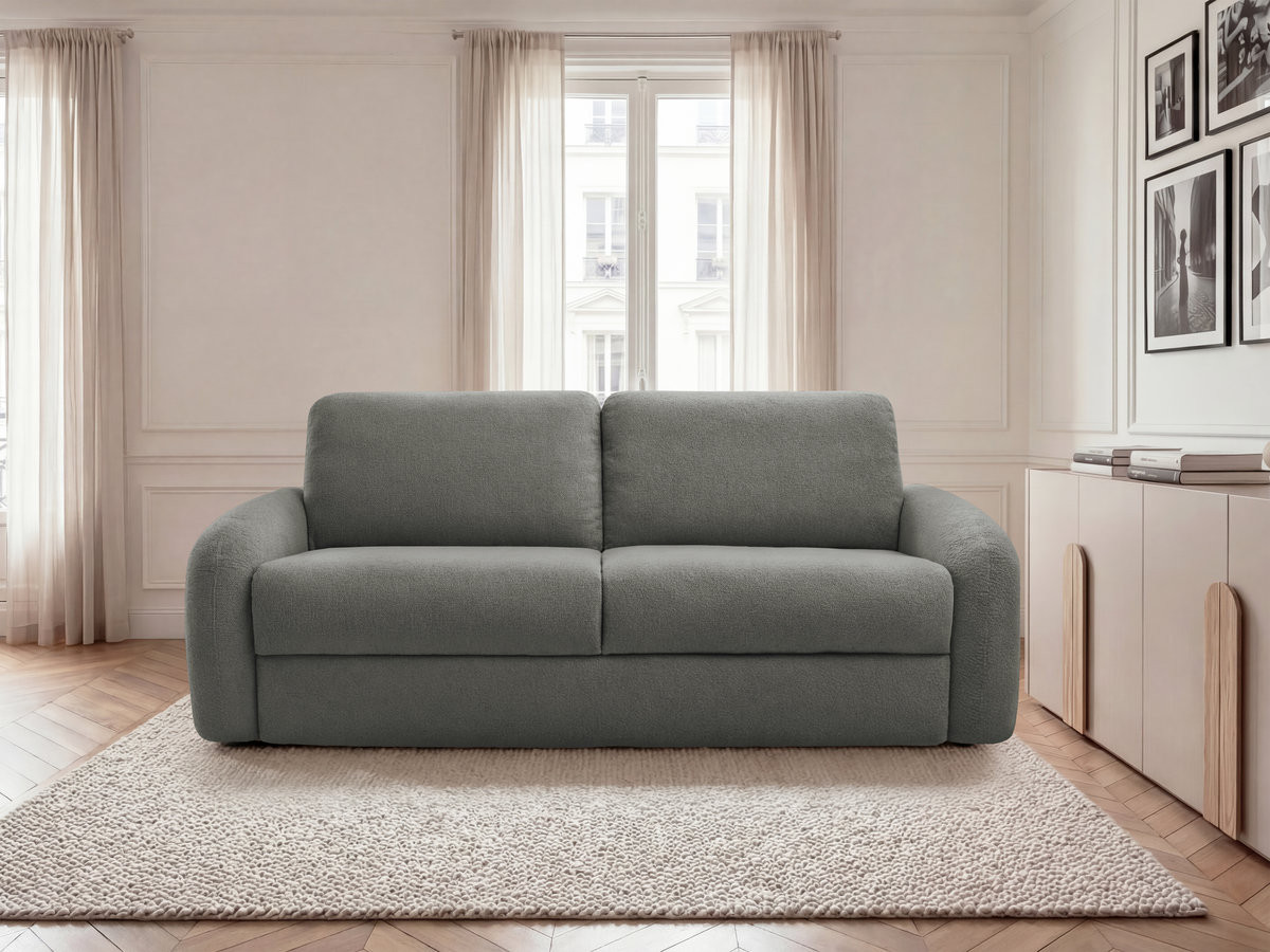 Canapé droit convertible KENAN ouverture express tissu bouclette