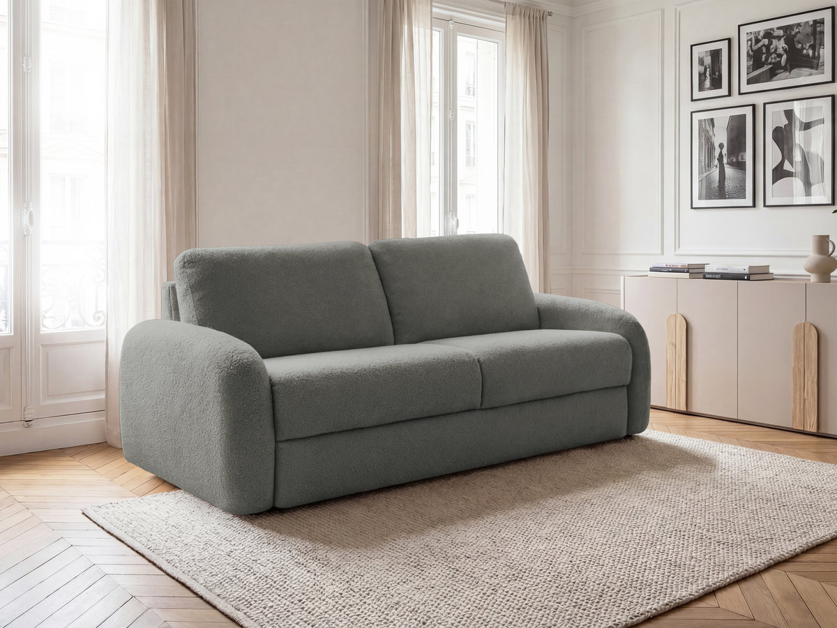 Canapé droit convertible KENAN ouverture express tissu bouclette