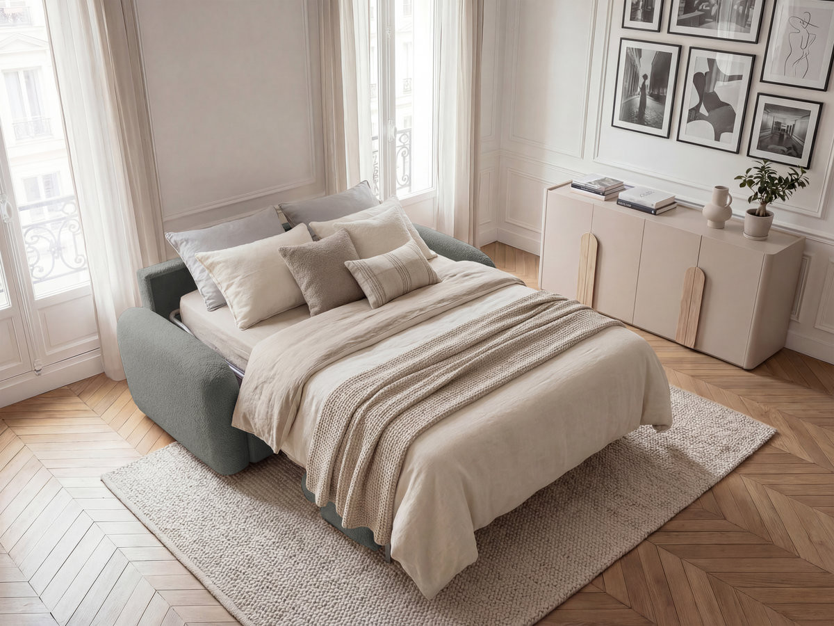 Canapé droit convertible KENAN ouverture express tissu bouclette