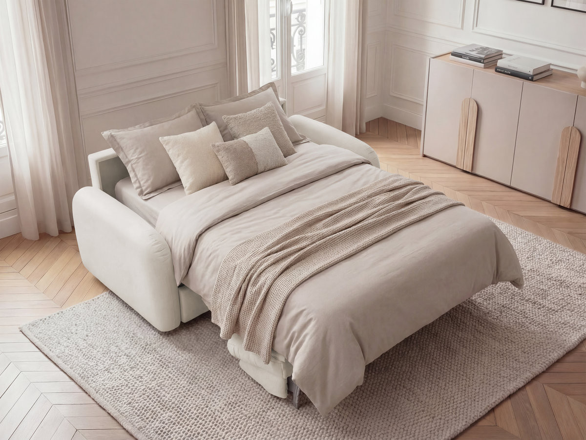 Canapé droit convertible KENAN ouverture express tissu lisse