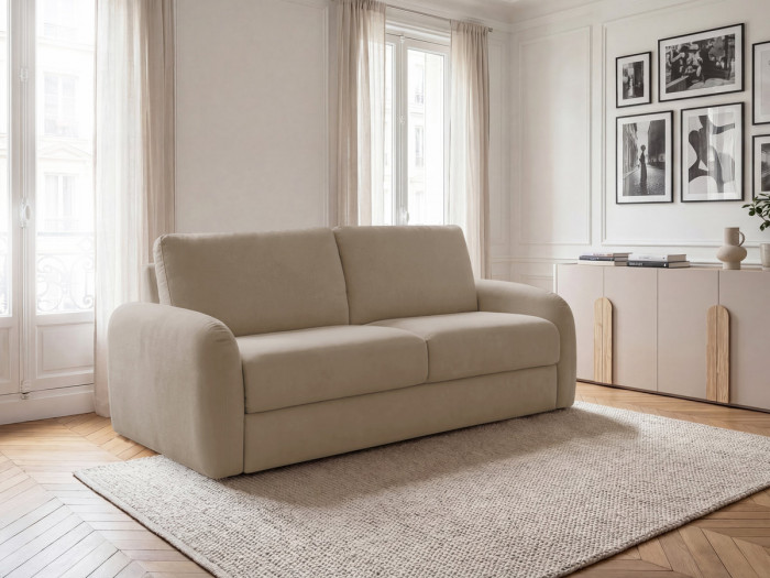 Canapé droit convertible KENAN ouverture express tissu lisse