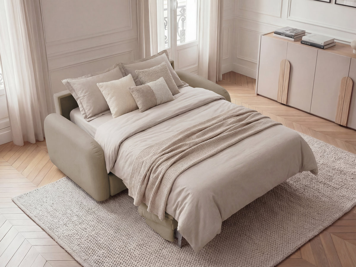 Canapé droit convertible KENAN ouverture express tissu lisse