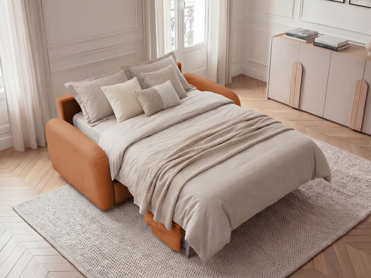 Canapé droit convertible KENAN ouverture express tissu lisse