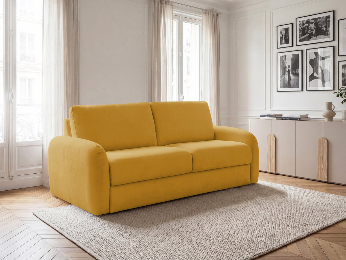 Canapé droit convertible KENAN ouverture express tissu lisse