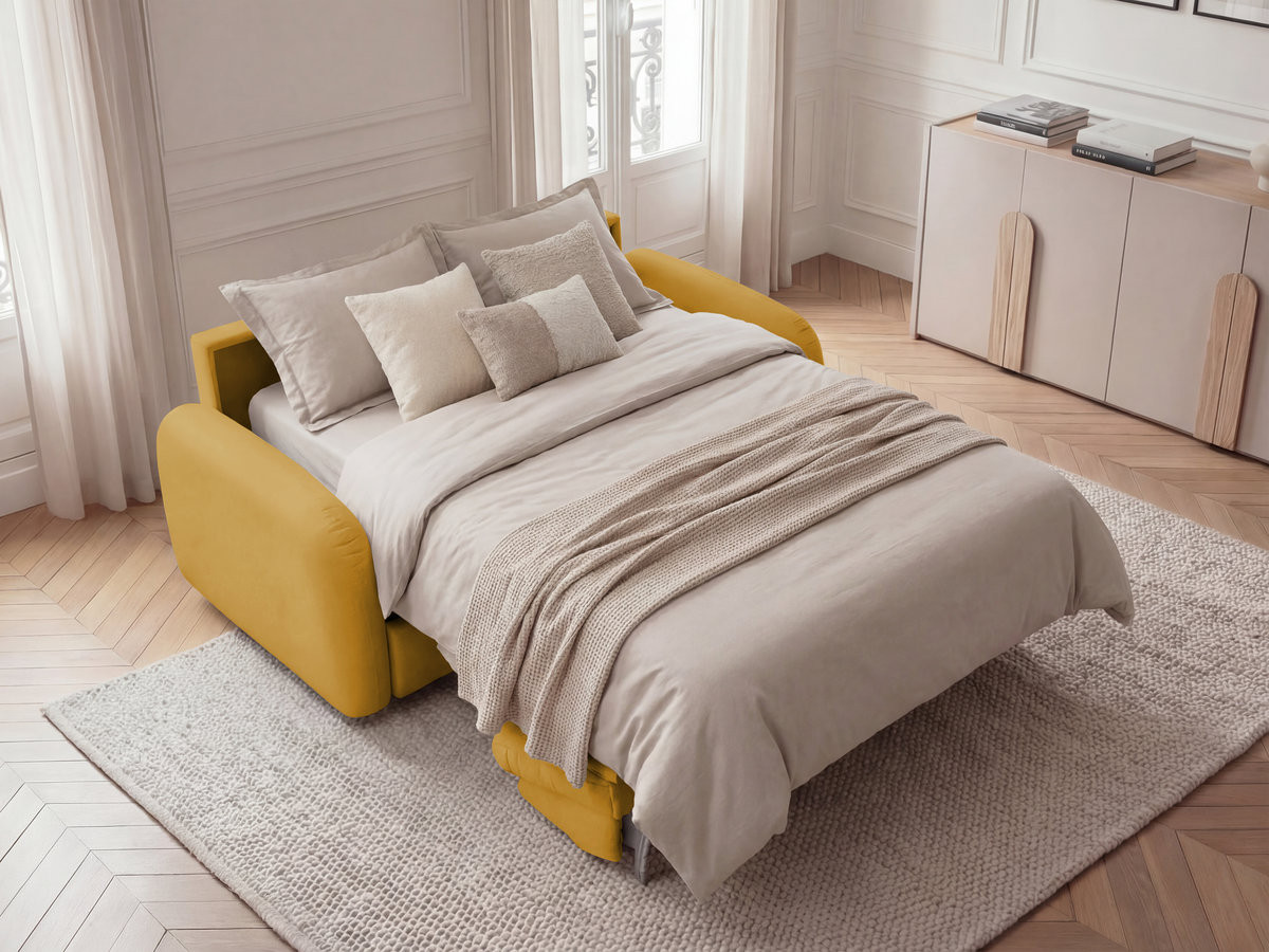 Canapé droit convertible KENAN ouverture express tissu lisse