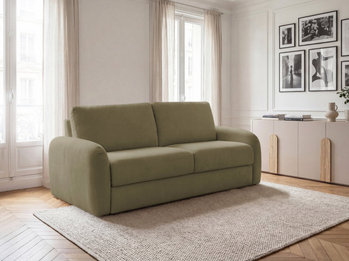 Canapé droit convertible KENAN ouverture express tissu lisse