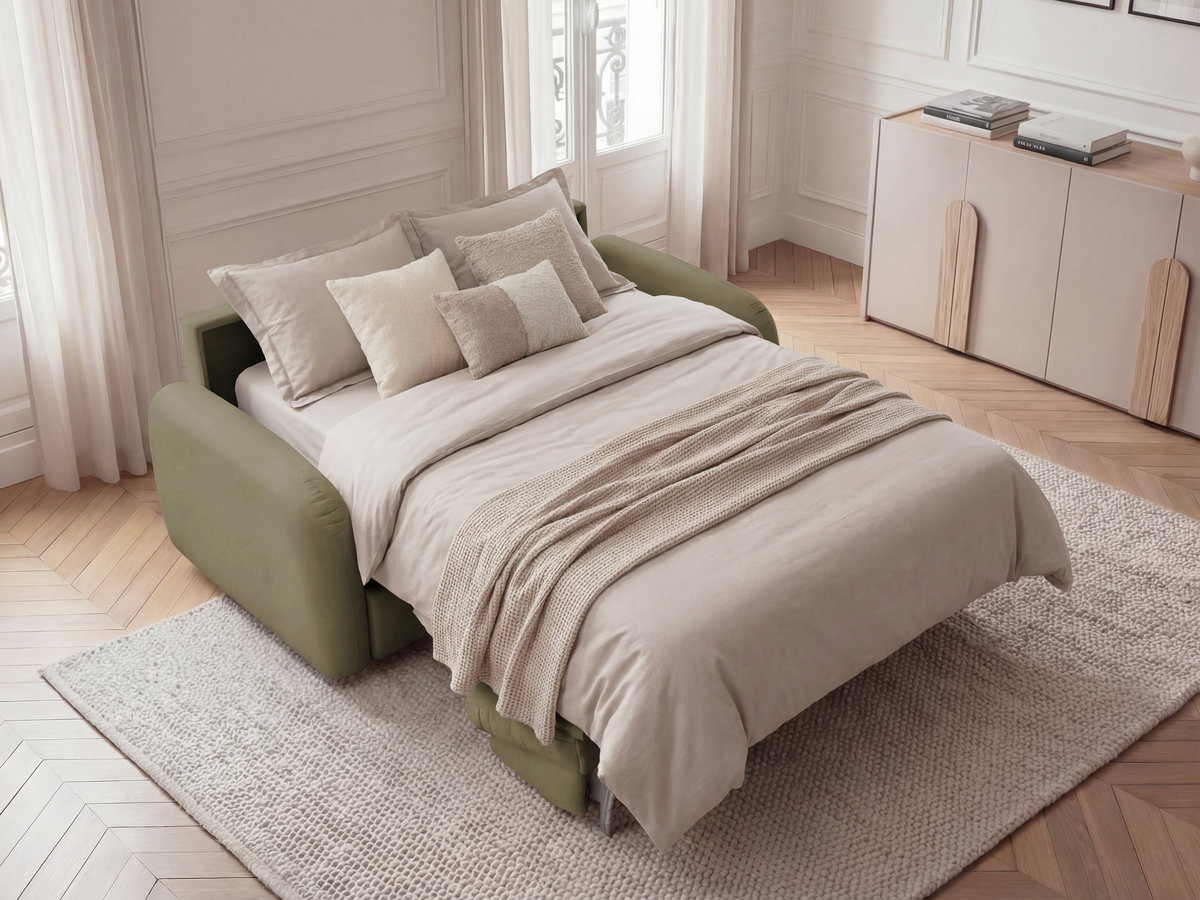 Canapé droit convertible KENAN ouverture express tissu lisse