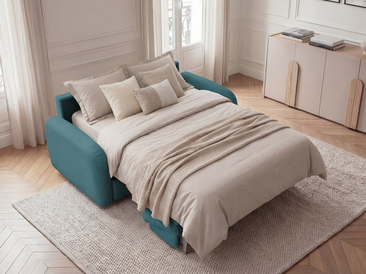 Canapé droit convertible KENAN ouverture express tissu lisse