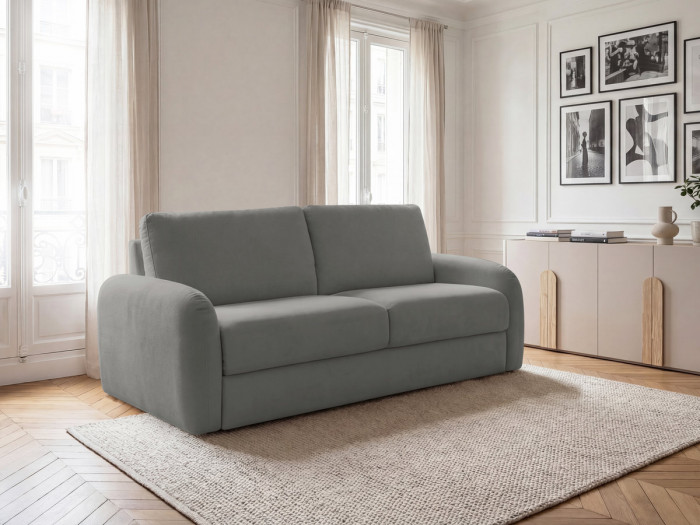 Canapé droit convertible KENAN ouverture express tissu lisse