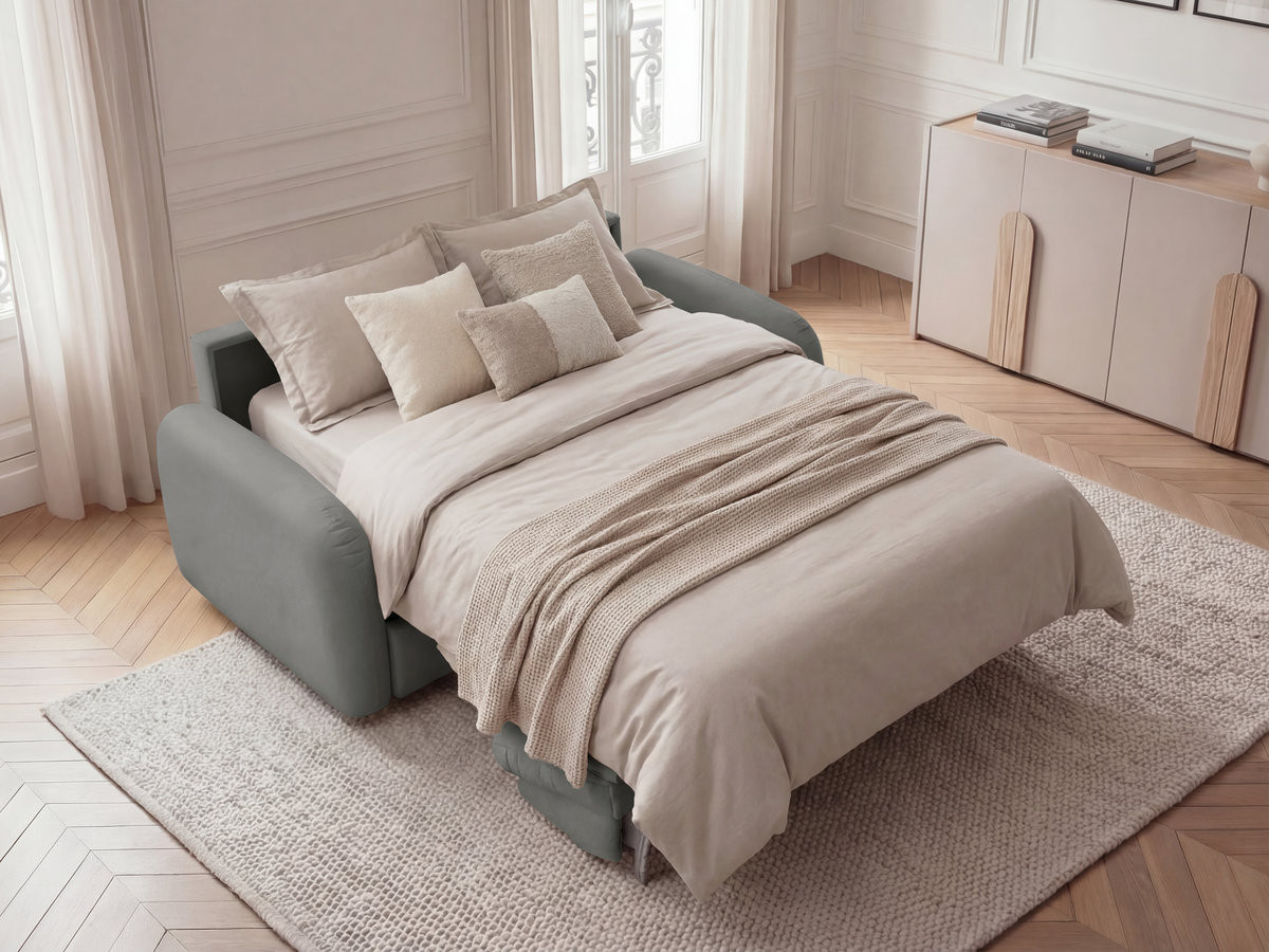 Canapé droit convertible KENAN ouverture express tissu lisse