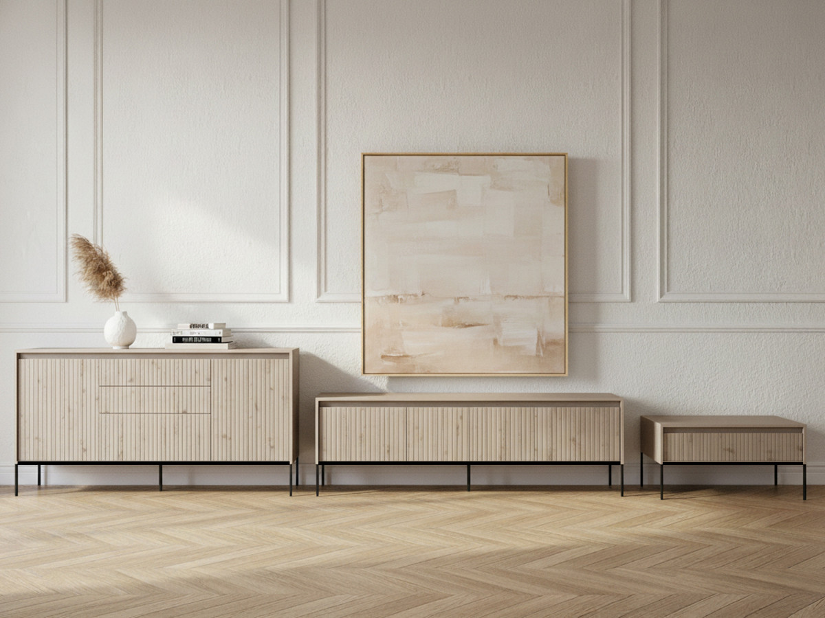 Ensemble LENARA avec buffet 166 cm + meuble TV 167 cm + table basse avec tasseaux et LED beige — vue 5