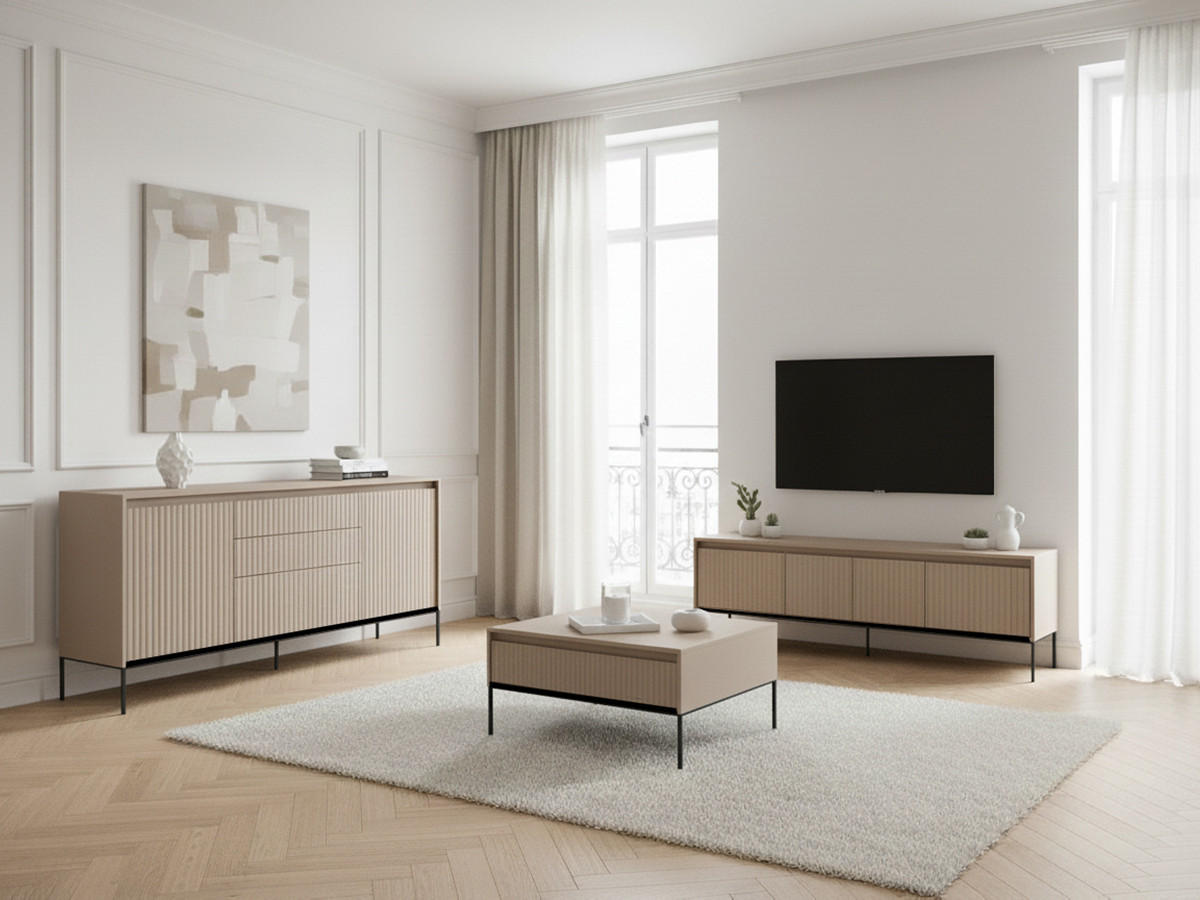 Ensemble LENARA avec buffet 166 cm + meuble TV 167 cm + table basse avec tasseaux et LED beige — vue 4