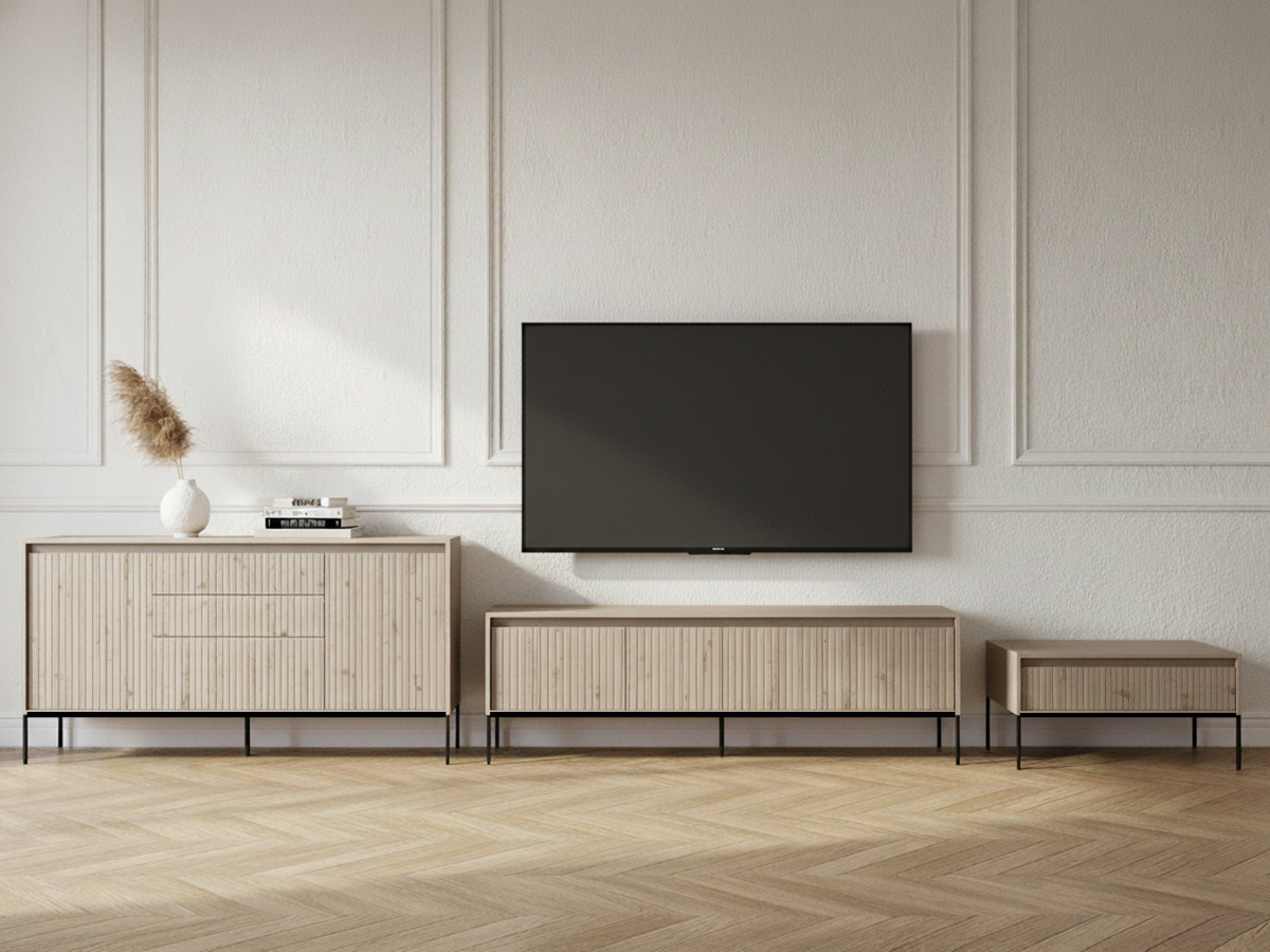 Ensemble LENARA avec buffet 166 cm + meuble TV 167 cm + table basse avec tasseaux et LED beige — vue 6