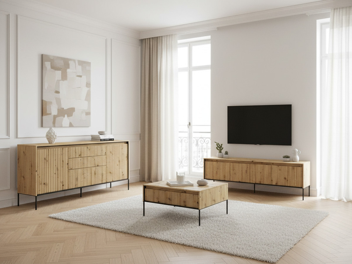 LENARA set met 166 cm dressoir + 167 cm tv-meubel + salontafel met lamellen en ledverlichting