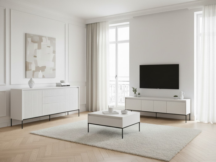 Ensemble LENARA avec buffet 166 cm + meuble TV 167 cm + table basse avec tasseaux et LED