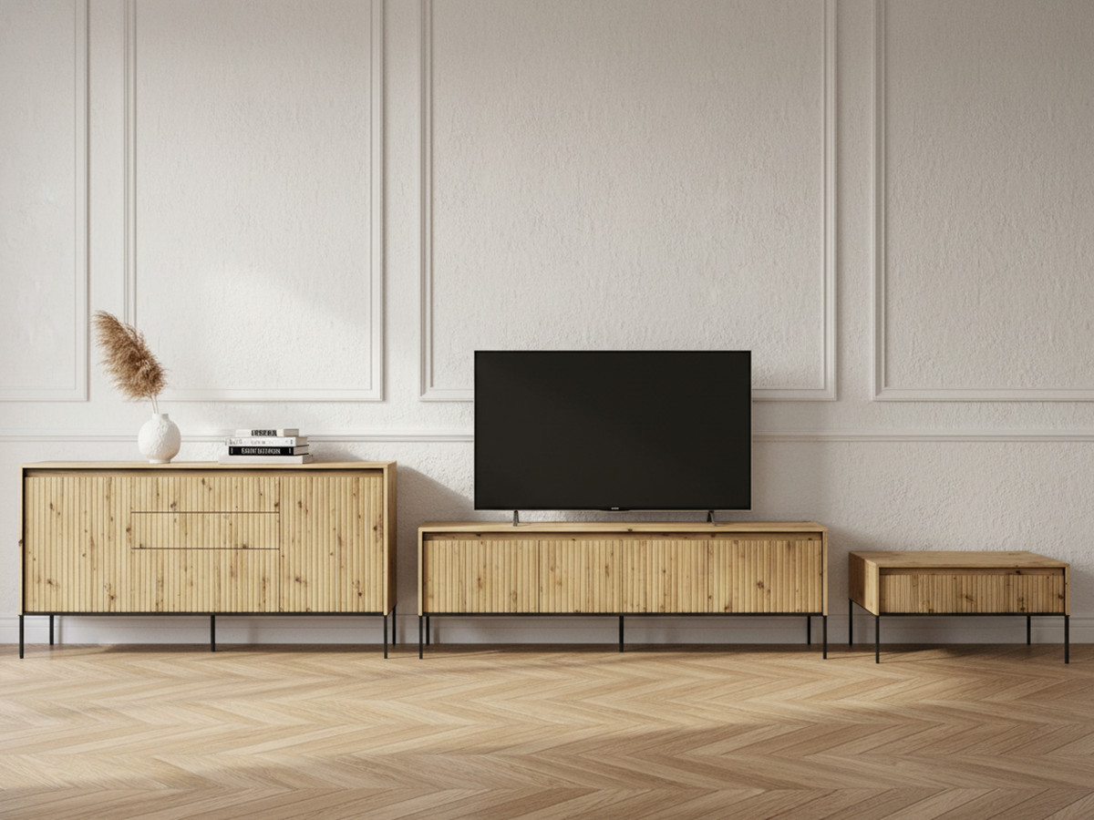 Ensemble LENARA avec buffet 166 cm + meuble TV 167 cm + table basse avec tasseaux et LED marron clair — vue 5