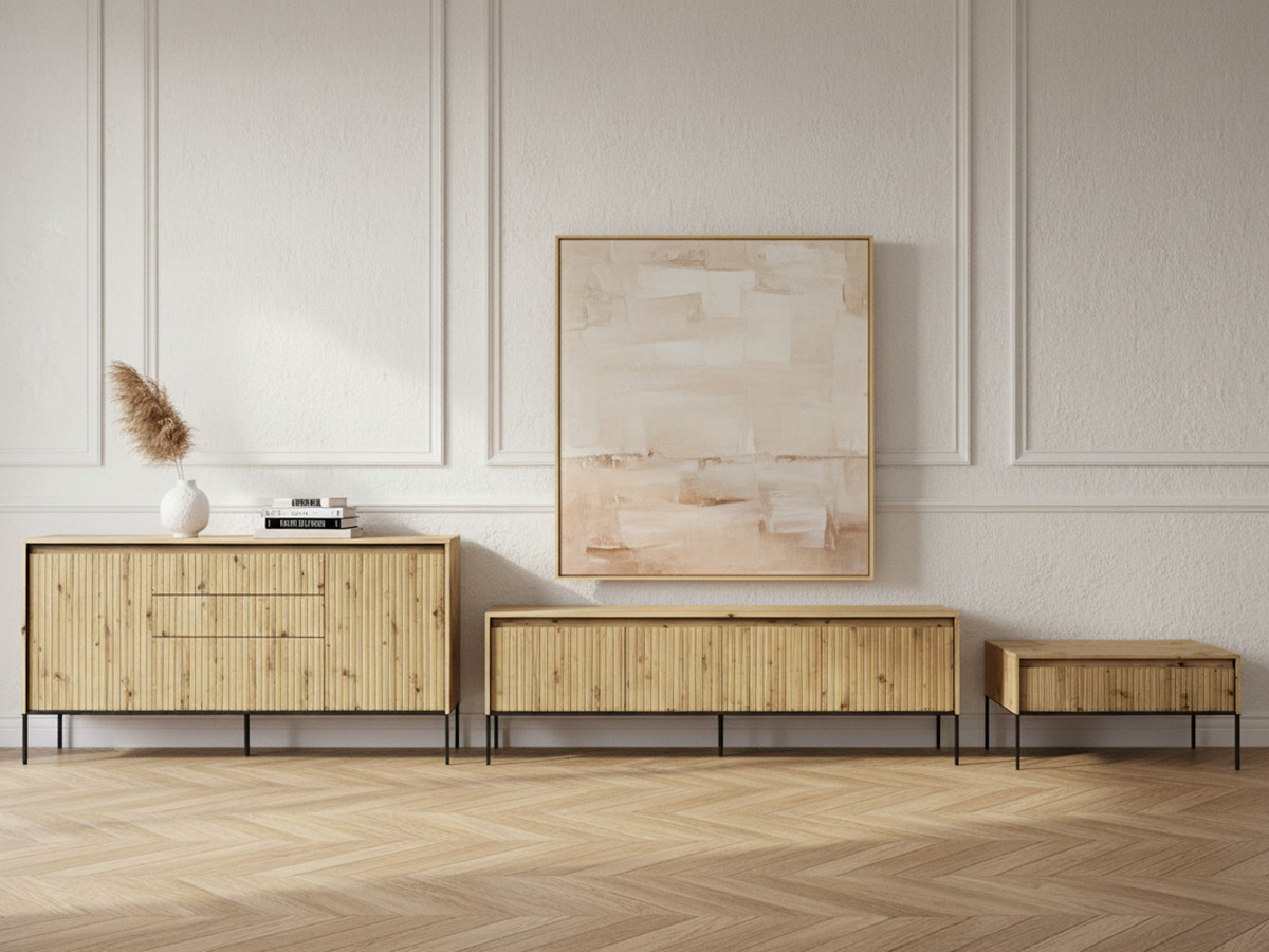 Ensemble LENARA avec buffet 166 cm + meuble TV 167 cm + table basse avec tasseaux et LED marron clair — vue 4