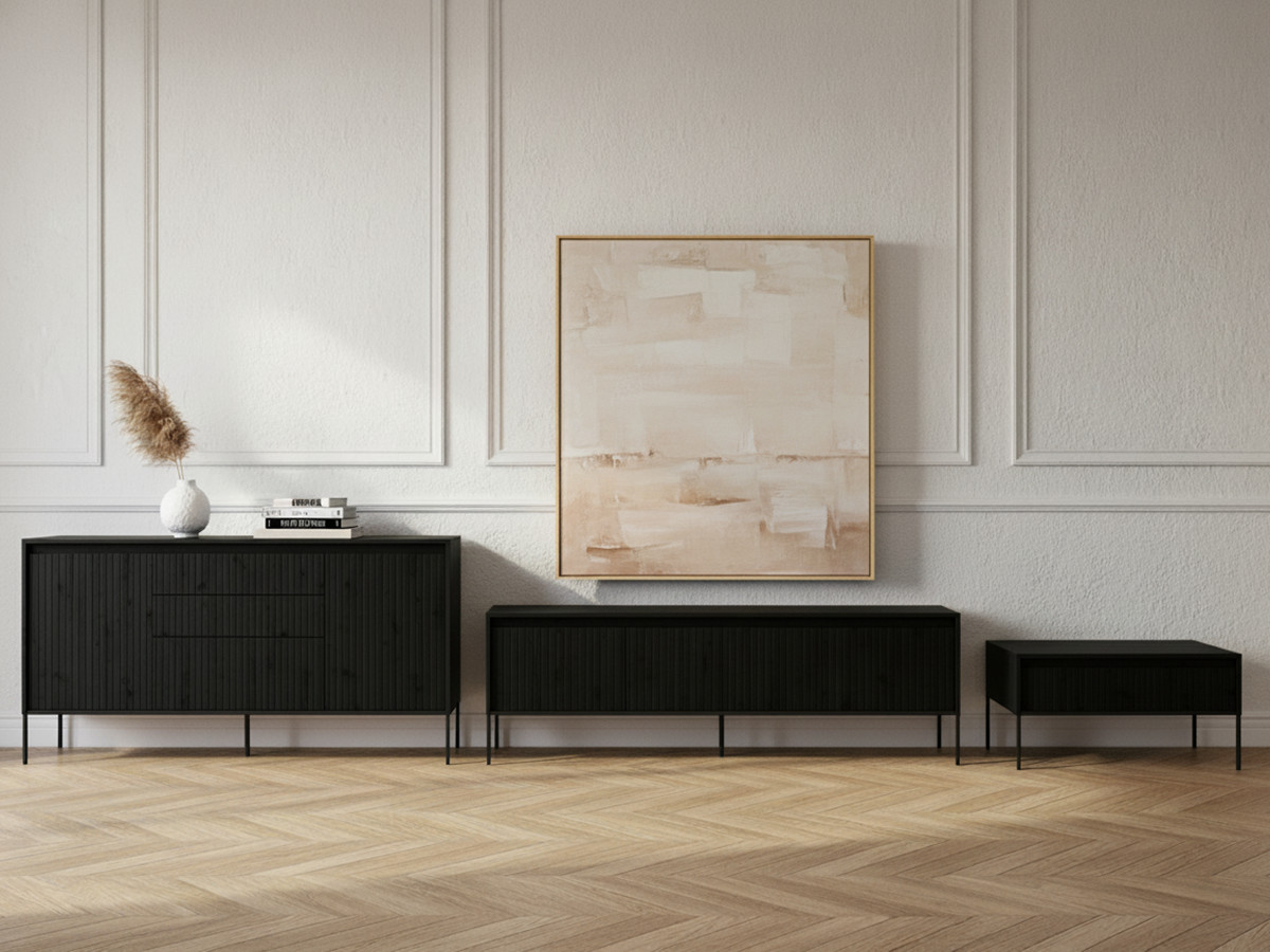 Ensemble LENARA avec buffet 166 cm + meuble TV 167 cm + table basse avec tasseaux et LED noir — vue 4