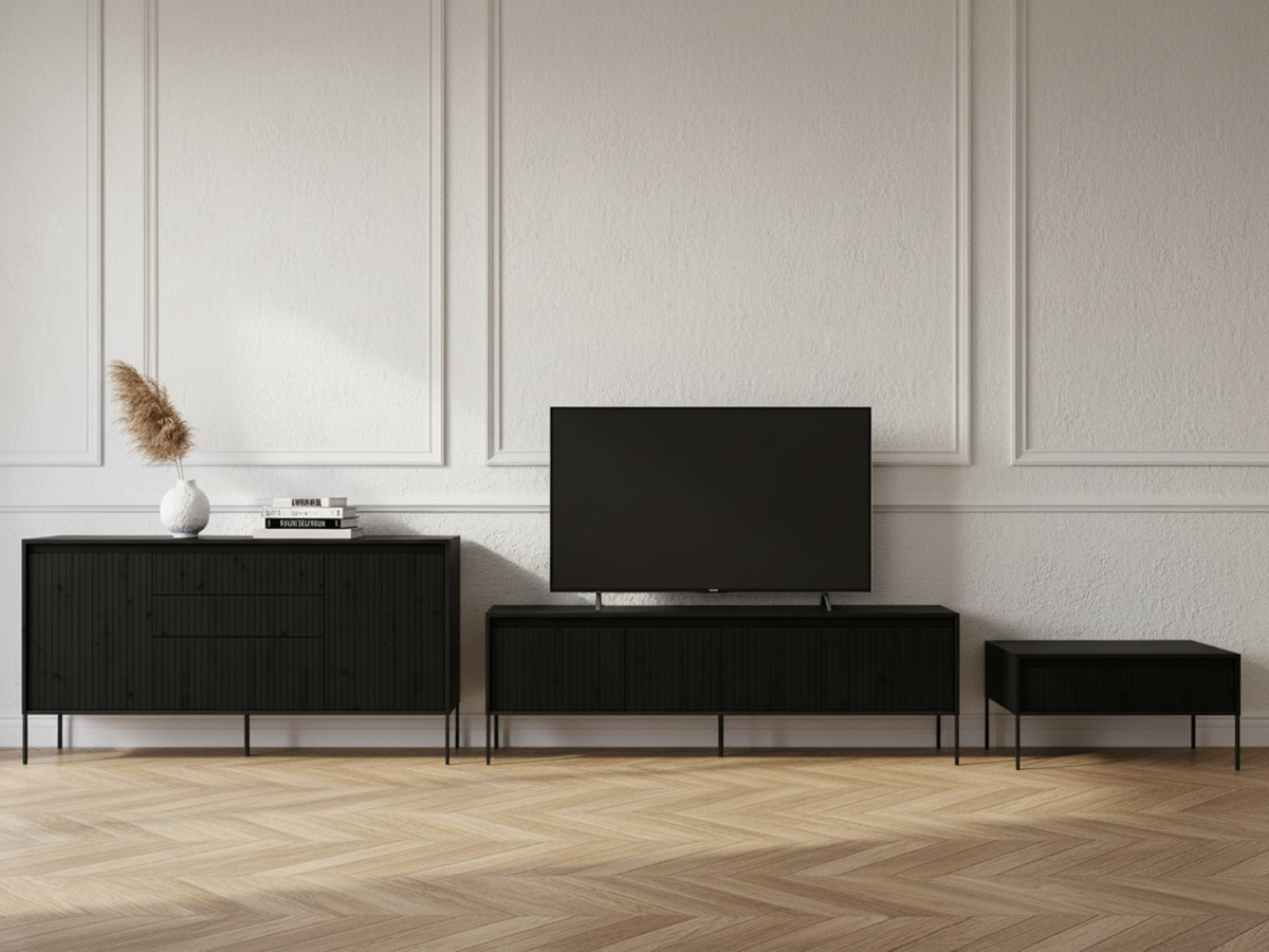 Ensemble LENARA avec buffet 166 cm + meuble TV 167 cm + table basse avec tasseaux et LED noir — vue 5