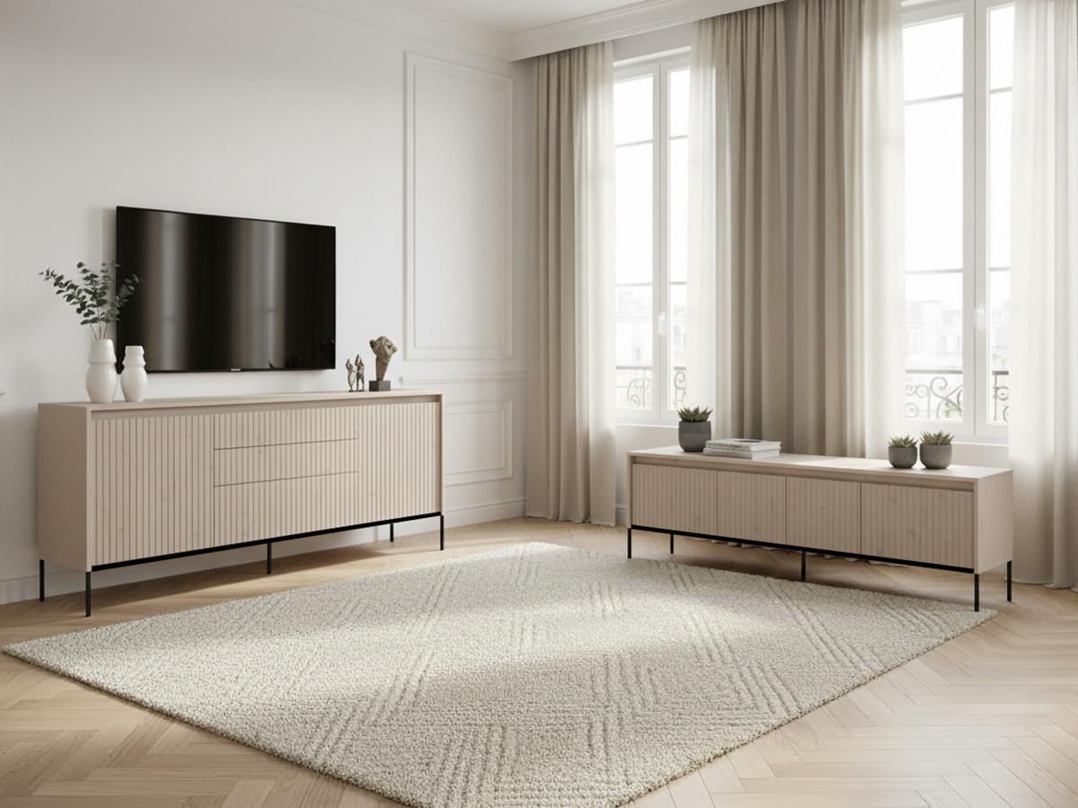 Ensemble LENARA avec buffet 166 cm + meuble TV 167 cm avec tasseaux et LED beige