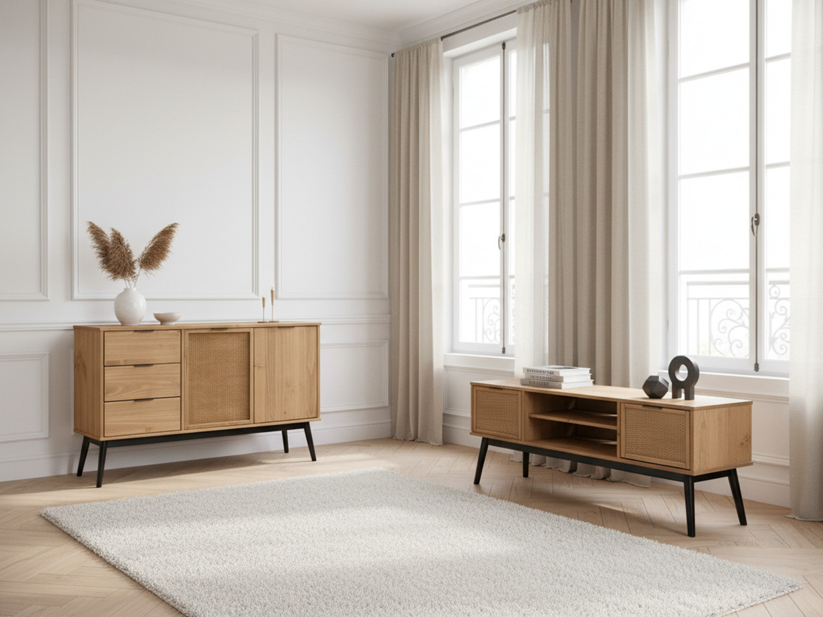 ALBI set met 130 cm dressoir + 140 cm tv-meubel in massief hout en rotan