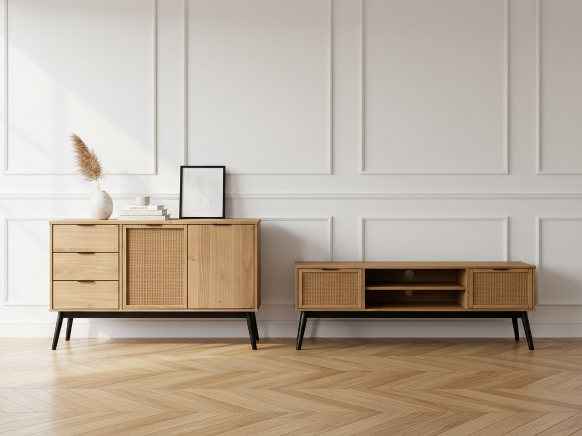 ALBI set met 130 cm dressoir + 140 cm tv-meubel in massief hout en rotan