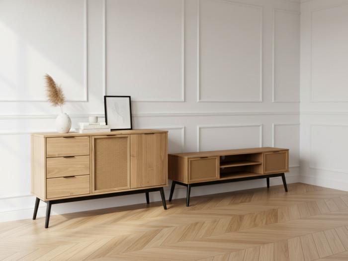 Ensemble ALBI avec buffet 130 cm + meuble TV 140 cm bois massif et rotin