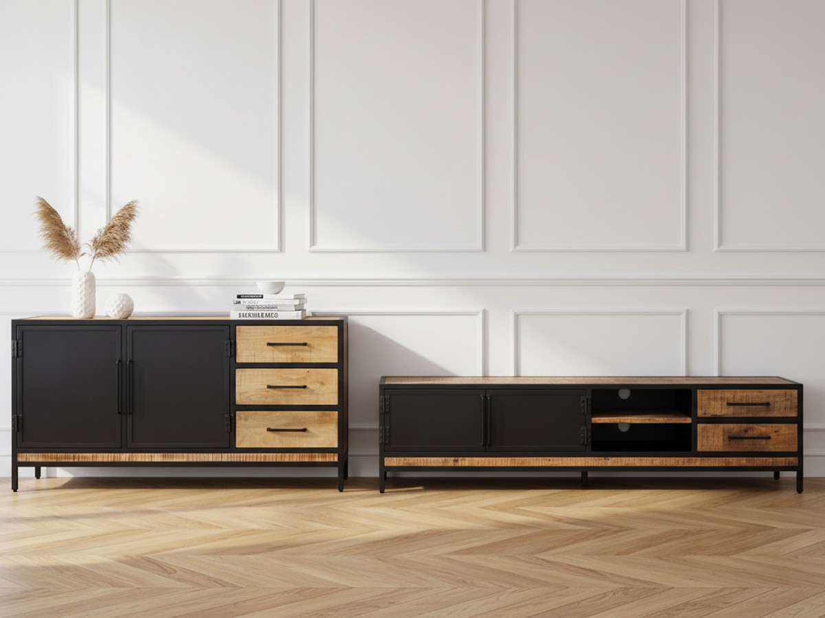 BEAUBOURG Set met 160 cm dressoir + tv-meubel massief mangohout