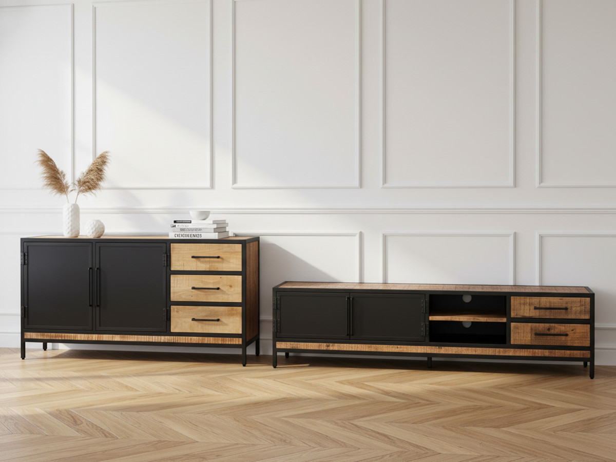 Ensemble BEAUBOURG avec Buffet 160 cm + Meuble TV Bois de manguier