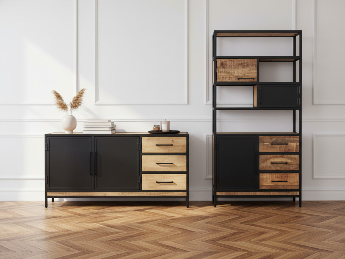 BEAUBOURG Set met 160 cm dressoir + mangohouten boekenkast