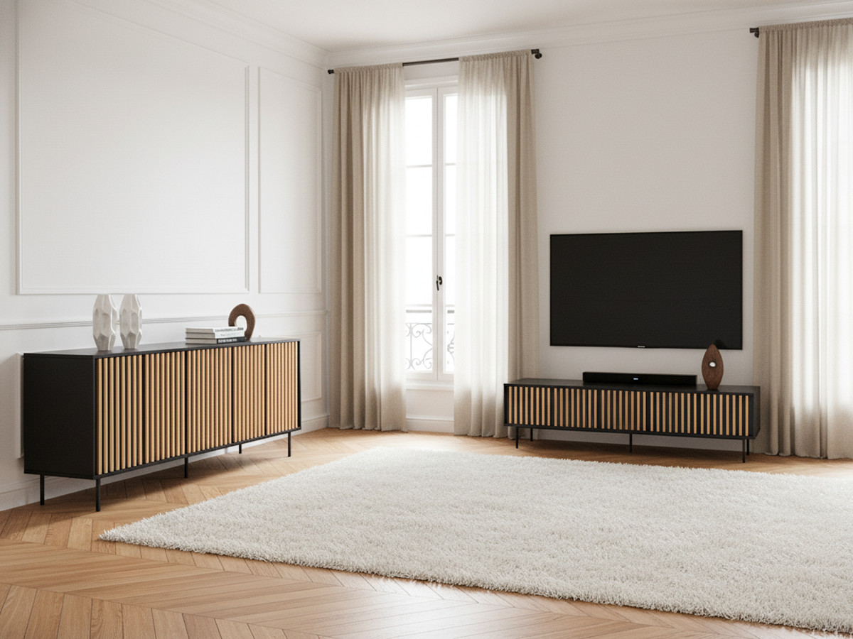 CORNEILLE set met 220 cm dressoir + 220 cm tv-meubel met massief grenen latten