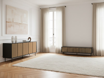 Ensemble CORNEILLE avec buffet 220 cm + meuble TV 220 cm tasseaux pin massif