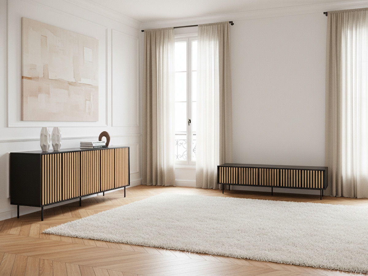 CORNEILLE set met 220 cm dressoir + 220 cm tv-meubel met massief grenen latten