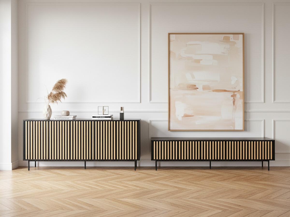 CORNEILLE set met 220 cm dressoir + 220 cm tv-meubel met massief grenen latten