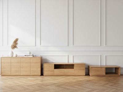Ensemble FERRET avec buffet 180 cm + meuble TV 180 cm + table basse 100 cm effet tasseaux de bois