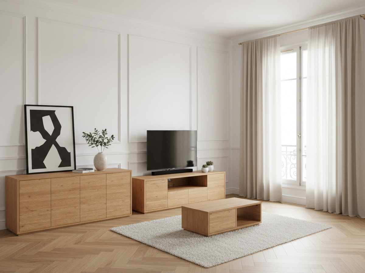 Ensemble FERRET avec buffet 180 cm + meuble TV 180 cm + table basse 100 cm effet tasseaux de bois — vue 4