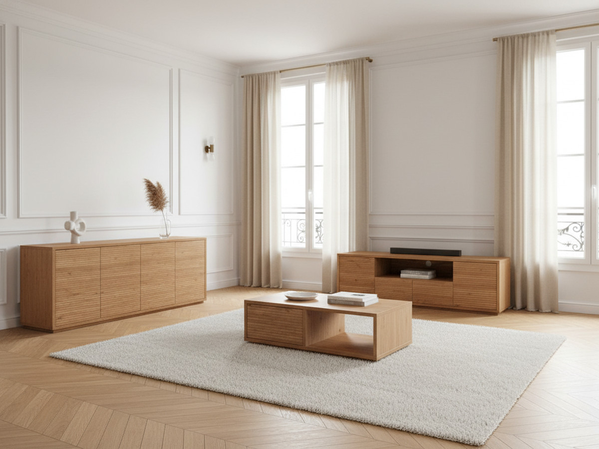 Ensemble FERRET avec buffet 180 cm + meuble TV 180 cm + table basse 100 cm effet tasseaux de bois — vue 5