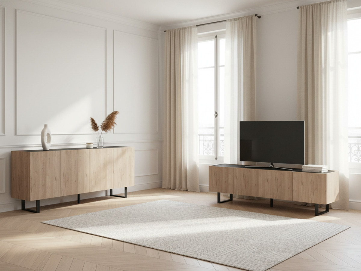 OPERA set met 180 cm dressoir + 180 cm tv-meubel in eikenlook en zwart marmerlook