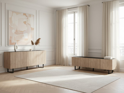 Ensemble OPERA avec buffet 180 cm + meuble TV 180 cm effet chêne et imitation marbre noir