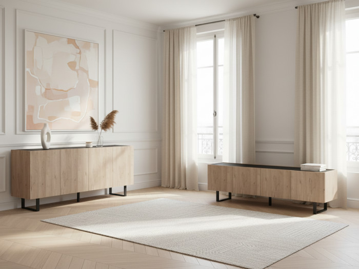 Ensemble OPERA avec buffet 180 cm + meuble TV 180 cm effet chêne et imitation marbre noir